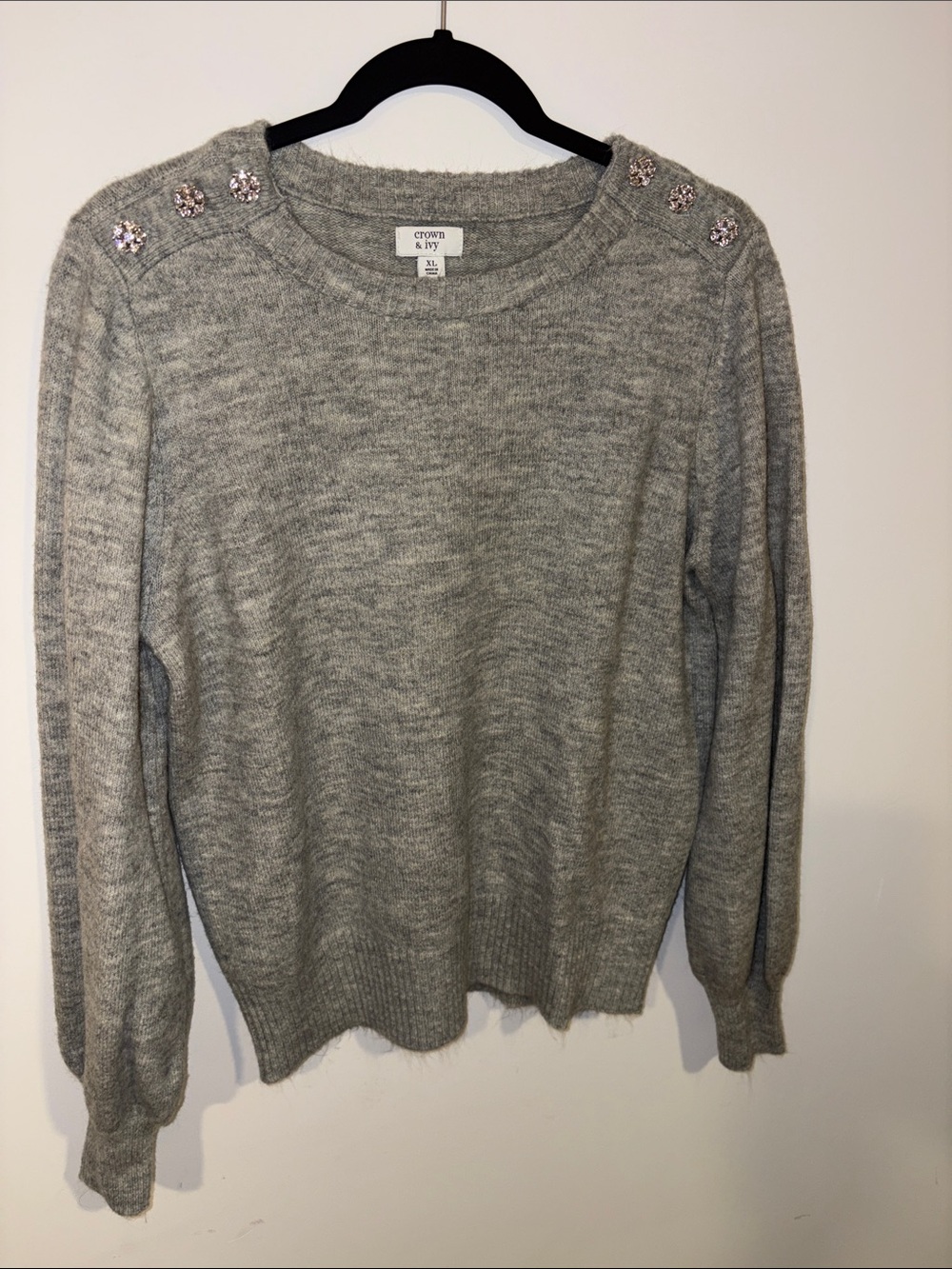 crown & ivy Gray Jeweled Shoulder Crewneck Sweater